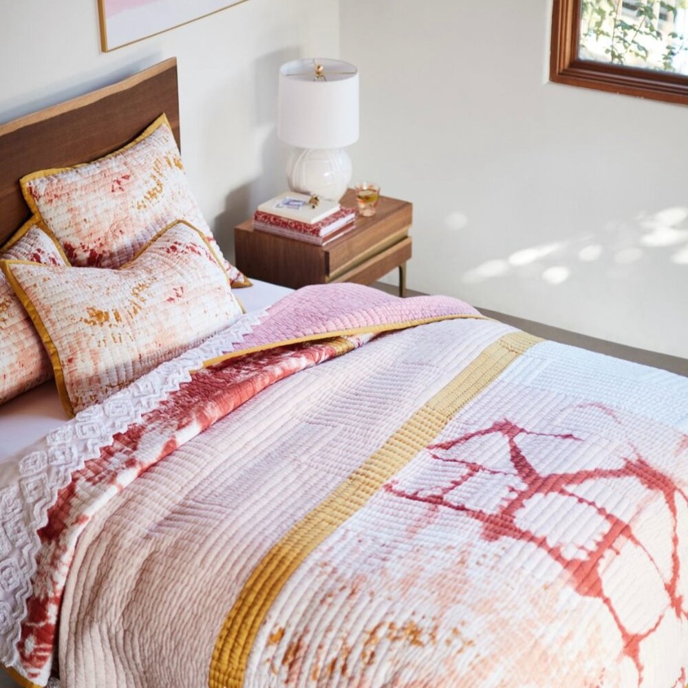 Anthropologie Queen Dyed Patchwork Quilt and matching Euro Sham Set